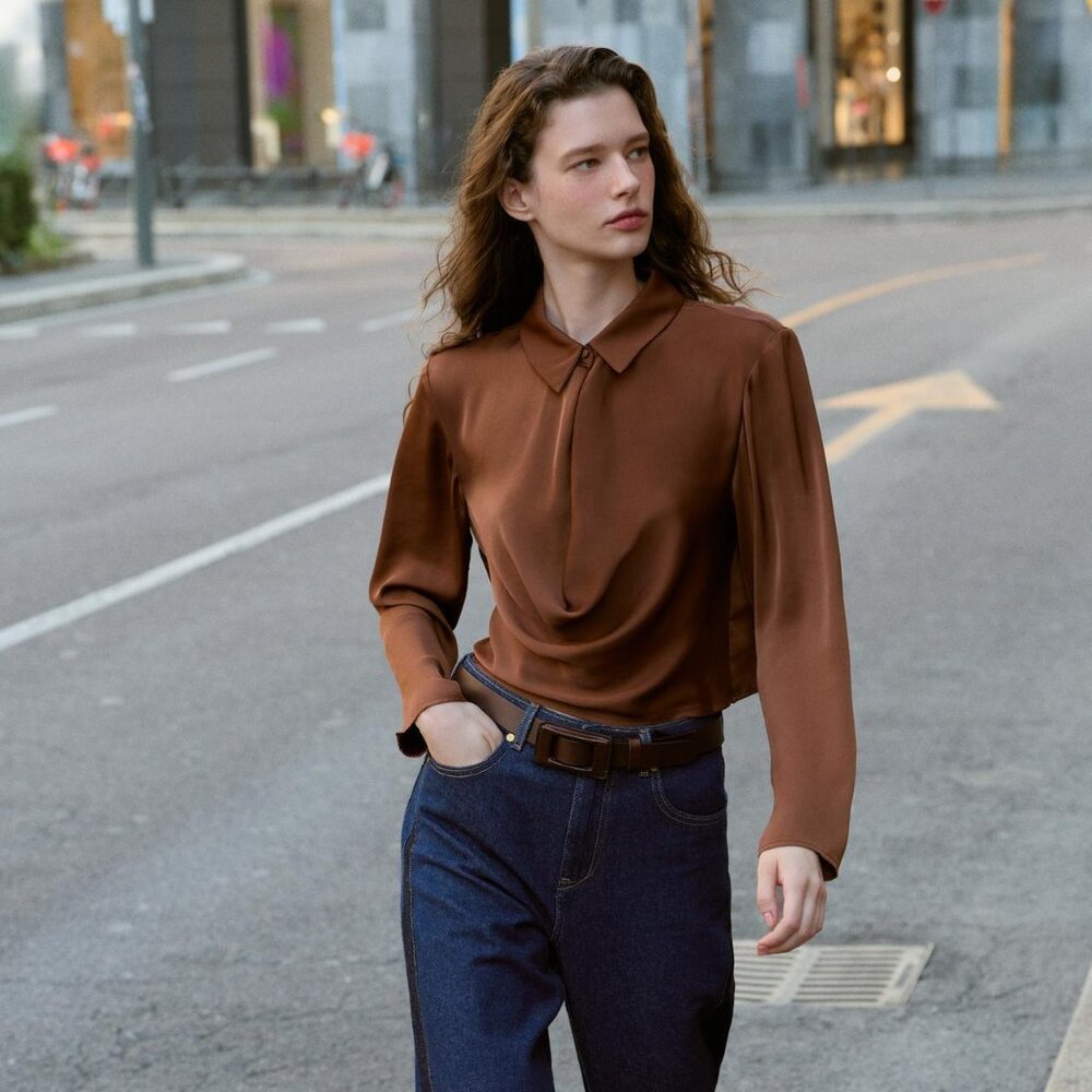 NWT SIZE L FLOWY SATIN EFFECT SHIRT Brown | 7484/173/700 Zara